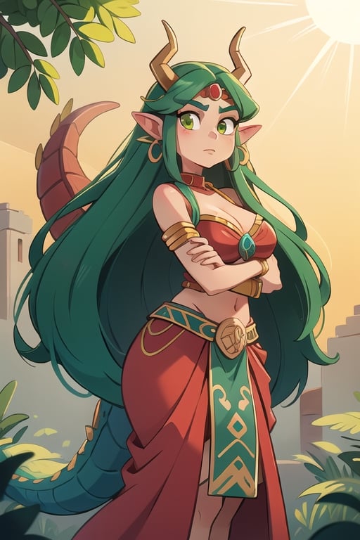 1 powerful Aztec dragon goddess of the sun, quetzalcoatl, red clothes with green details, green hair, golden eyes, long hair, loose hair, straight hair, golden horns, big woman
dragon tail