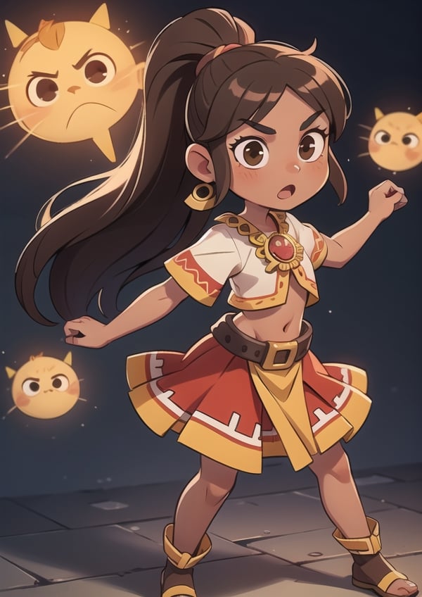 2.5D, an aztec shaman  girl, perfect body, full body, black skin,
long hair, ponytail, brown hair
 

