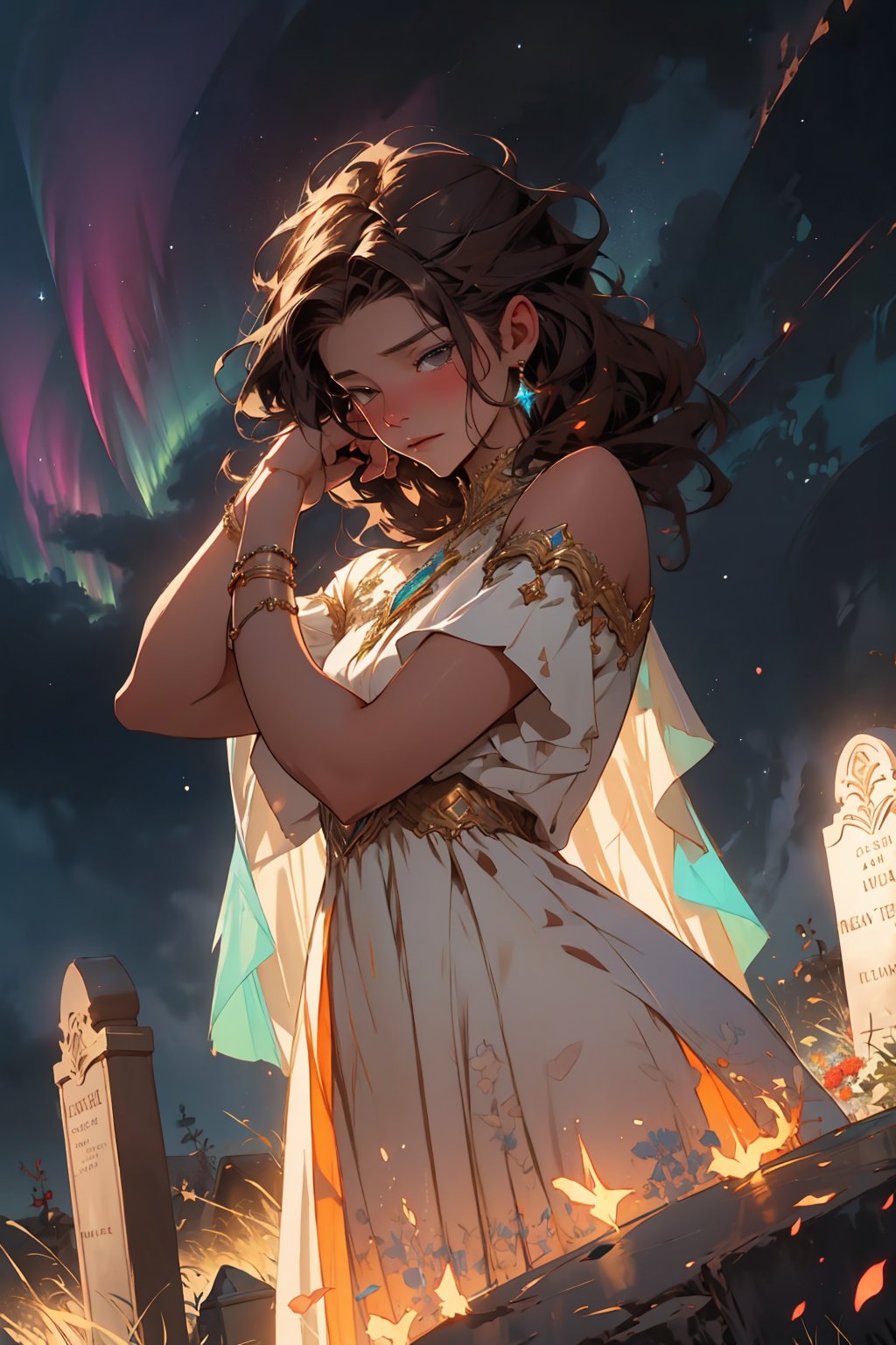 a girl with dark hair as a glowing goddess wearing a bright divine dress, enlighting the environment with her aurora, she is coming down from the sky, she sympathize the man who is crying infront of her grave, Léa Seydoux, fantasy environmet, digital painting, digital illustration, extreme detail, digital art, 4k, ultra hd, by Michael Garmash, Ben Bauchau, Grishaverse universe,