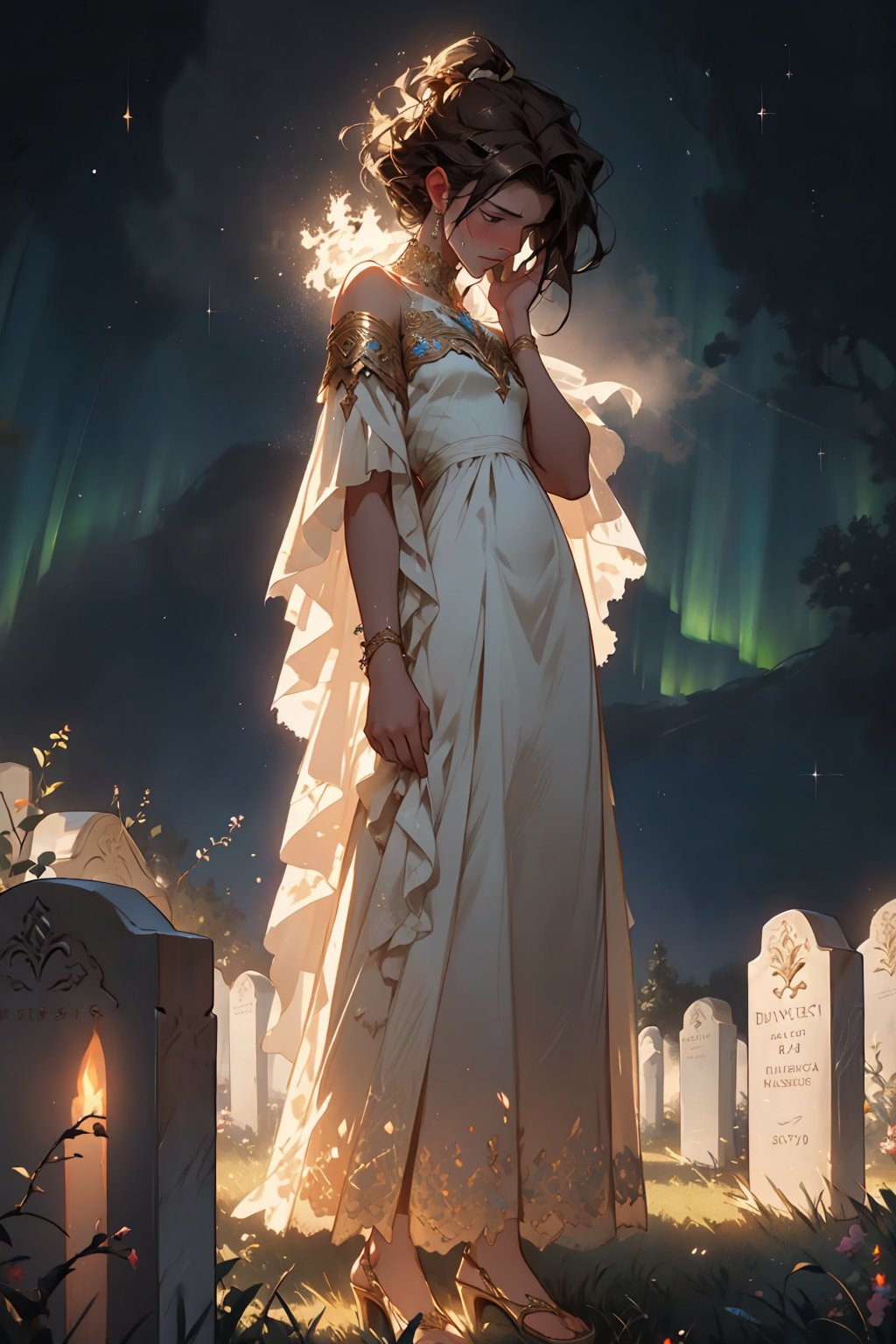 a girl with dark hair as a glowing goddess wearing a bright divine long dress standing behind a man, she sympathize the man who is crying infront of her grave, enlighting the environment with her aurora, she is coming down from the sky, Léa Seydoux, fantasy environmet, digital painting, digital illustration, extreme detail, digital art, 4k, ultra hd, by Michael Garmash, Ben Bauchau, Grishaverse universe,