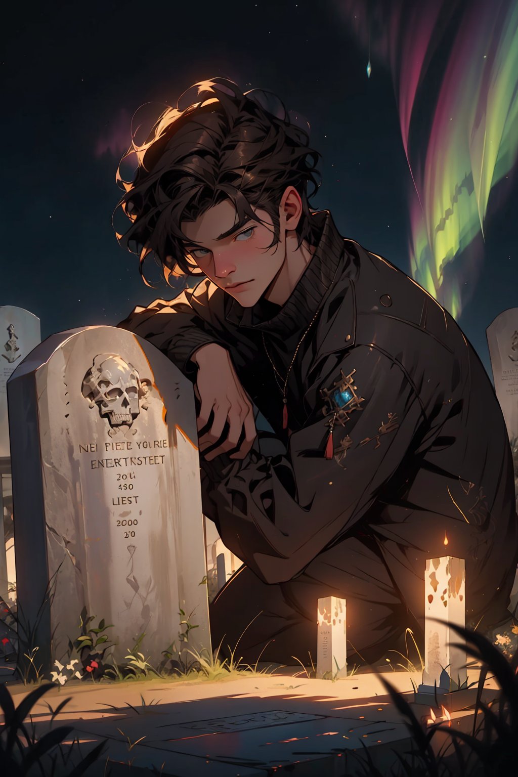 1boy, a girl hugging a  man with dark hair, infront of a grave stone, enlighting the environment with aurora, Léa Seydoux, fantasy environmet, digital painting, digital illustration, extreme detail, digital art, 4k, ultra hd, by Michael Garmash, Ben Bauchau, Grishaverse universe,