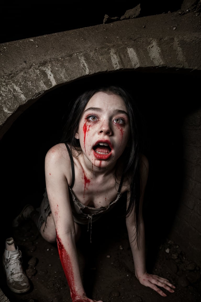 Dead girl coming out of a hole in the ground with a bloody body, 1, pale skin, black hair, whitish and bulging eyes, angry expression, bloody puddle, bloody dress, dirty torn dress, Dirty and dark basement full of garbage., darkness , tooth, fog, creepy, HD, High details, Best quality, High Resolutions, 8k