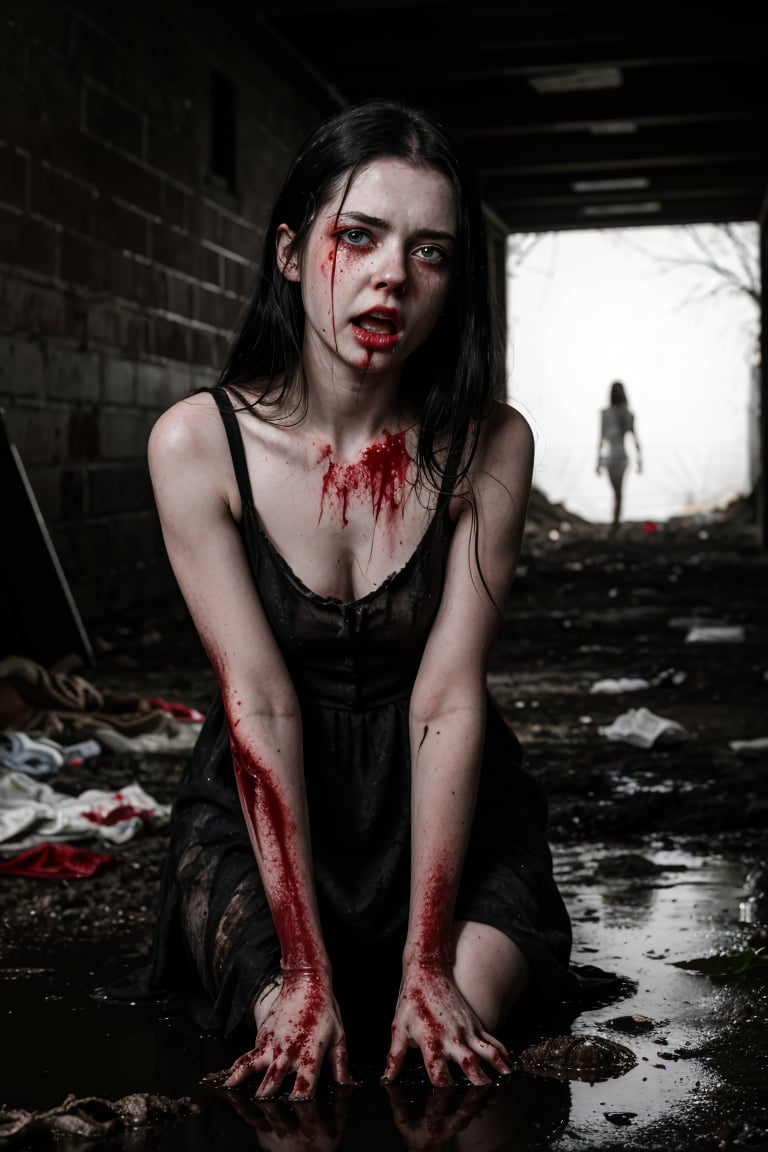 Dead girl coming out of a hole in the ground with a bloody body, 1, pale skin, black hair, whitish and bulging eyes, angry expression, bloody puddle, bloody dress, dirty torn dress, Dirty and dark basement full of garbage., darkness , tooth, fog, creepy, HD, High details, Best quality, High Resolutions, 8k