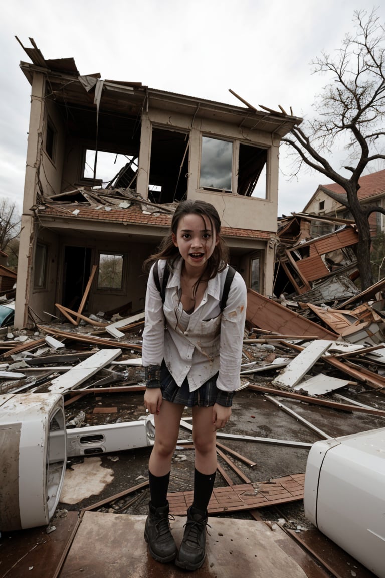 a mentally disturbed and crazy girl, lost look, destroyed house, ruined landscape,