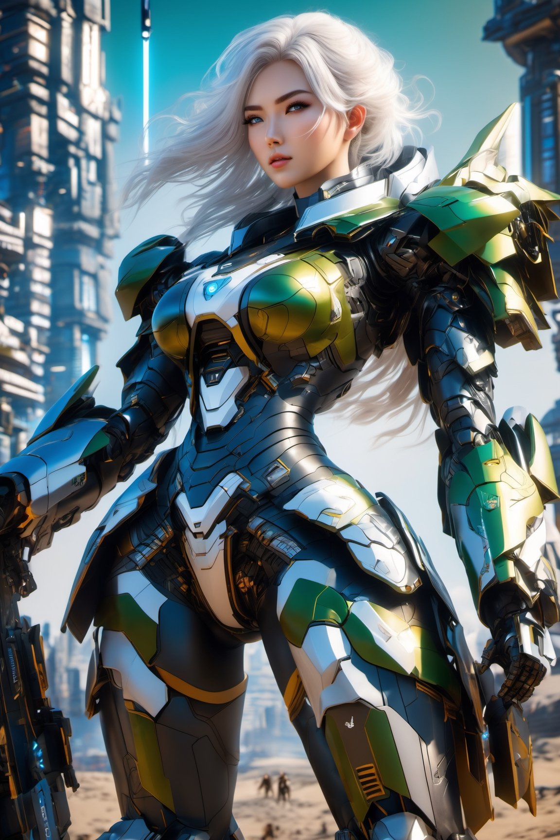 surreal photo of a girl, blue eyes, white hair, huge breasts, centered, symmetrical, exo-suit, shiny armor, intricate detailed, realistic, full body shot, fujifilm, 8k, HDR, cyborg style best ninja final fansty, 64k sexy body movie, , green eye , perfecteyes, , ike, bookerBS_soul3142 big boob cute face, asian pretty,mecha , background war,mecha