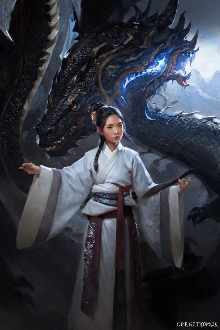 (masterpiece, top quality, best quality, official art, beautiful and aesthetic:1.2), ,greg rutkowski,Landskaper asian girl half body dragon skin have scale,ClassipeintXL cute asian girl face