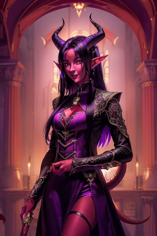 1girl, solo, tiefling, (18 years old, slender, symmetrical face, high detail face, high detail skin, devil tail, long black hair, purple iris, purple ram horns, elf ears), (red skin:1.3), (ram horns:1.2), devil tail, confident smile, wearing gothic dress, inside library, (masterpiece, top quality, best quality, beautiful and aesthetic:1.2)