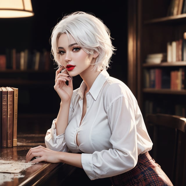 cowboy shot, 3/4 view, full body, 1girl, (28 years old, fit, short, large breasts, full lips, symmetrical face, high detail face, high detail skin, short white hair, messy hair), ((white hair:1.2)), lipstick, sultry seductive smile, wearing white blouse and plaid skirt, and high heels, fantasy library, cinematic lighting, depth of field, (masterpiece, top quality, best quality, official art, beautiful and aesthetic:1.2), colorful, detailed, highly detailed, absurdres, highly detailed skin, highres, perfect hands, perfect fingers,