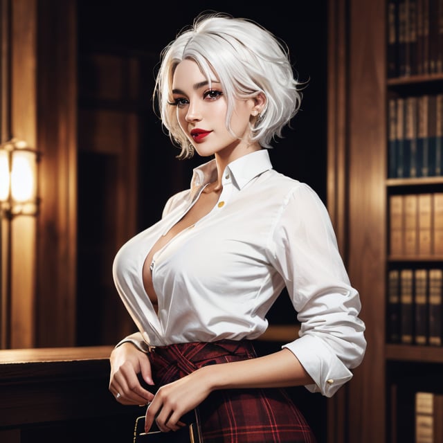 cowboy shot, 3/4 view, full body, 1girl, (28 years old, fit, short, large breasts, full lips, symmetrical face, high detail face, high detail skin, short white hair, messy hair), ((white hair:1.2)), lipstick, sultry seductive smile, wearing white blouse and plaid skirt, and high heels, fantasy library, cinematic lighting, depth of field, (masterpiece, top quality, best quality, official art, beautiful and aesthetic:1.2), colorful, detailed, highly detailed, absurdres, highly detailed skin, highres, perfect hands, perfect fingers,