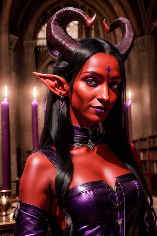 1girl, solo, tiefling, (18 years old, slender, symmetrical face, high detail face, high detail skin, devil tail, long black hair, purple iris, purple ram horns, elf ears), (red skin:1.3), (ram horns:1.2), devil tail, confident smile, wearing gothic dress, inside library, (masterpiece, top quality, best quality, beautiful and aesthetic:1.2)