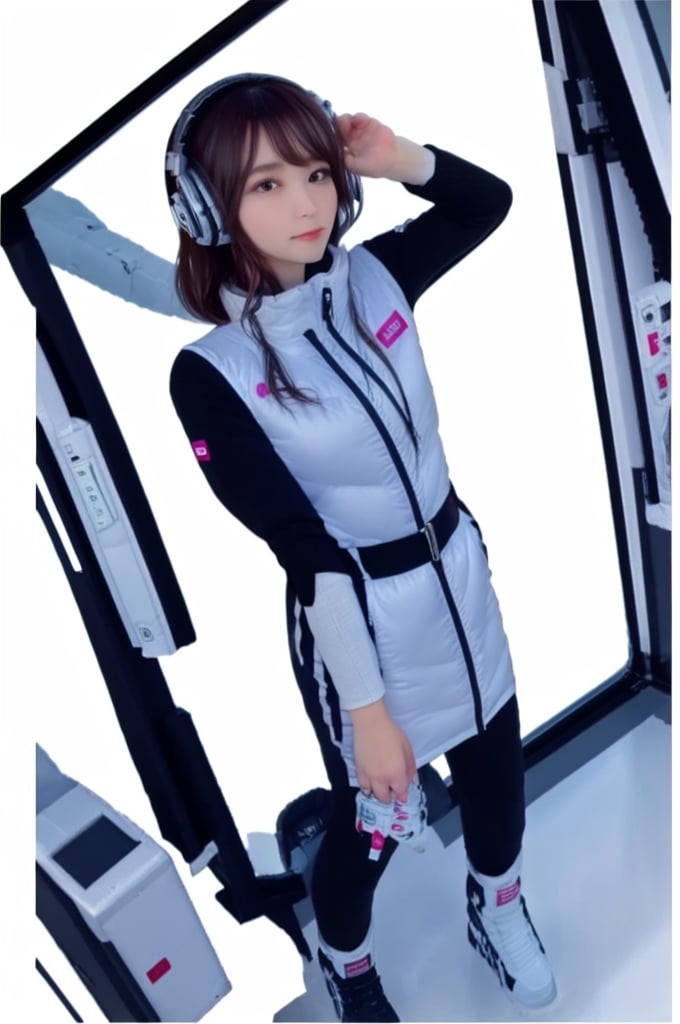 (((masterpiece))), (((best quality))), Best picture quality, high resolution, 8k, realistic, sharp focus, realistic image of elegant lady, Japanese beauty, supermodel, girl, standing, (black sleeves):1000,(black long tightfit sleeves) :1000,black belt, BREAK (headphone):10 (metallic white astrovest), (metallic luster mirror finish astrovest):2,BREAK inside space station,inside futiristic spacecraft ,space,galaxy,BREAK light brown hair, long hair, green eyes, side-swept bangs, sideburns, phone, (wet body:1.0), sunlight, sweat, helf body, shoes removed, Head tilt, untucked, Profile, (high quality:1.0), (white background:0.8), detailed face, (blush:1.0), 1 girl, Young beauty spirit, perfect light, Detailedface, big eyes, Sharp Eyess, perfect eyes , Smirk, Detailed face, dreaming back ground, photo of perfecteyes eyes,tnf_jacket,astrovest,bing_astronaut,,<lora:659111690174031528:1.0>