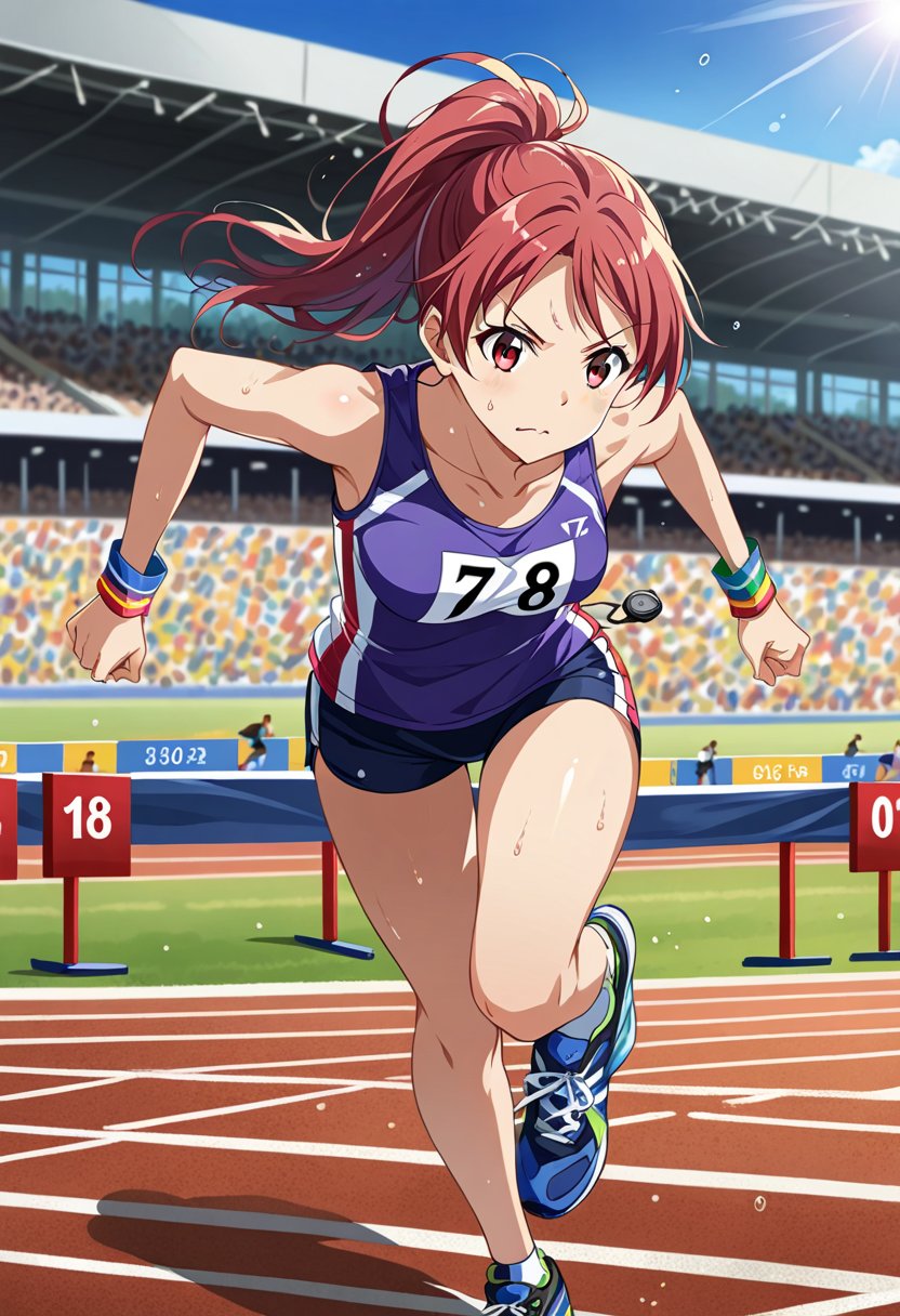 score_9, score_8_up, score_7_up, score_6_up, source_anime,
running track, stadium, starting blocks, finish line, stopwatch, 
sunny day, clear sky, spectators in background,
1girl, teenager, athletic build, determined expression, focused gaze,
blode log hair, ponytail, wind:3,sweat droplets,
running pose, leaning forward, arms pumping, legs mid-stride,
track spikes, form-fitting running singlet, running shorts, 
race number pinned to singlet, 
BREAK,
colorful wristbands, BREAK
masterpiece, best quality, absurdres