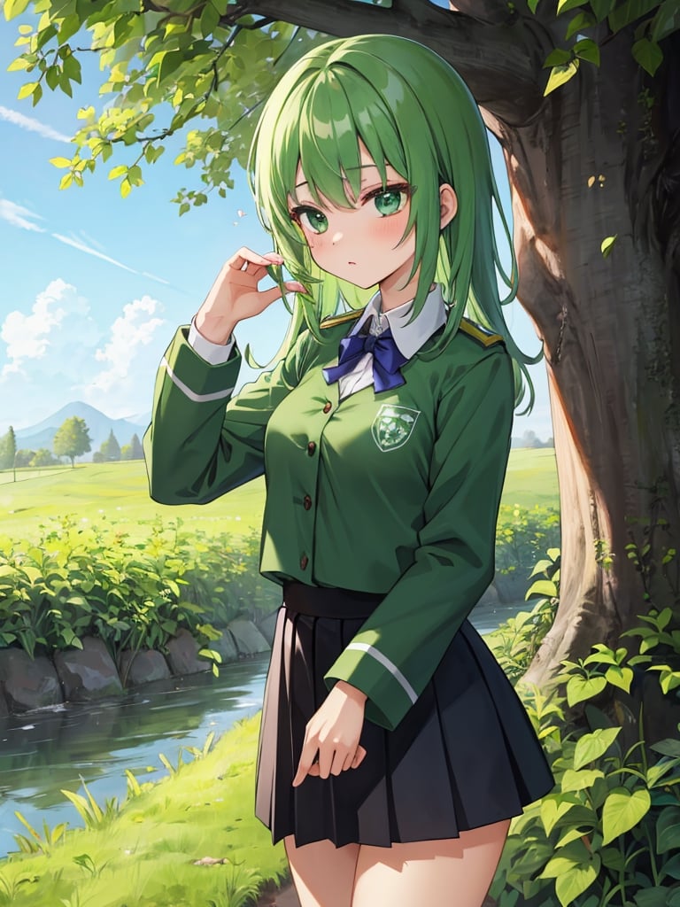 extreme detail,masterpiece,anime_style,solo girl,female student,dark green uniform,greenery-rich school,Celtic traditions,composing a poem,harmony with nature,celts