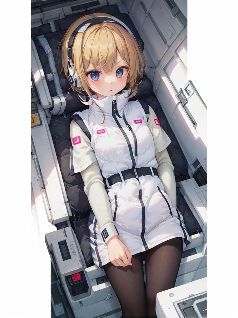 (masterpiece:1.2, best quality), (highly detailed:1.3),One girl,headphone,white downvest,(puffer vest):1.4,(long down vest),,Astrovest,BREAK,inside cyberpunk white futuristic space station,BREAK,black long sleeve
black tights,black belt,iwatch,BREAK,beautiful  eyes,tareme-eyes,breakdomain,V-shaped eyebrows,bing_astronaut,blonde long hair BREAK blush:1.3