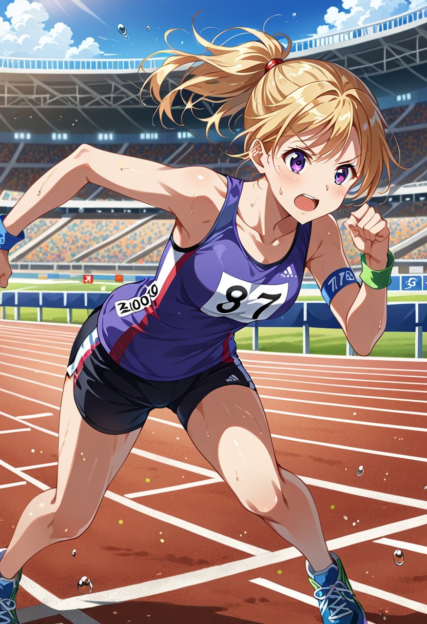 score_9, score_8_up, score_7_up, score_6_up, source_anime,
running track, stadium, starting blocks, finish line, stopwatch, 
sunny day, clear sky, spectators in background,
1girl, teenager, athletic build, determined expression, focused gaze,
blode log hair, ponytail, wind:3,sweat droplets,
running pose, leaning forward, arms pumping, legs mid-stride,
track spikes, form-fitting running singlet, running shorts, 
race number pinned to singlet, 
BREAK,
colorful wristbands, BREAK
masterpiece, best quality, absurdres