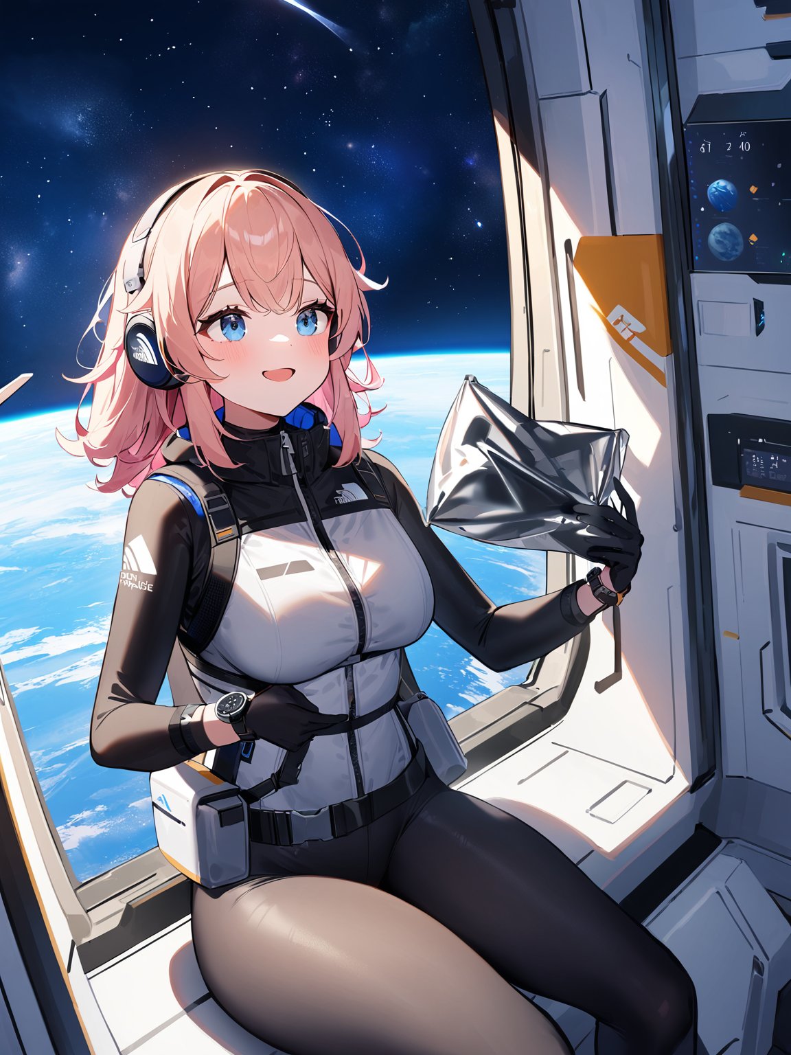 masterpiece, highest quality, high resolution, breasts, 20yo,(solo):2,2girls,pink hair,blue hair,(inside space station):2,flying:2,floatong:2,zero gravity,wind:1.5,

BREAK
headphone,(futurstic tight-fit bodysuit):2,(white long downvest):100,(northface white puffy downvest):2,(puffy):2,(black sleeves):5,(black tights):2,(black belt),(smartwatch):100,astrovest
BREAK
1girl, sitting in spacecraft cabin, space station interior, looking out of large windows at Earth below, beautiful eyes, sharing a nutritious food package, aluminum foil pouch with plastic viewing window, contains nutritious liquid or puree together, smiling and chatting, bright and cheerful expressions, high quality cinematic lighting, detailed textures, sharp focus,blonde hair,blue eyes,
