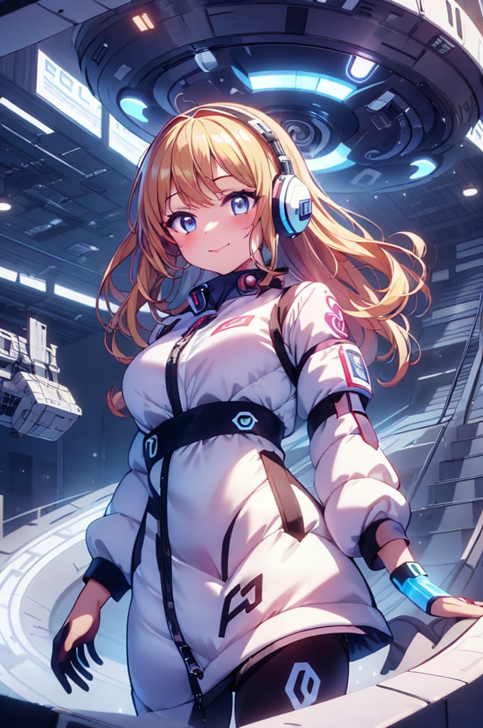 Extreme detail,One girl,ledarraytech , scifi,   geometrical ,   scholar , scroll, 1girl,very long hair, wind:1.5,blonde long hair,headphone, flying,falling,wind:1.5,glowing eyes, smile ,closed mouth,inside spacecraft background,futuristic space station back ground,
 ,tron,(white astrovest):2,bing_astronaut