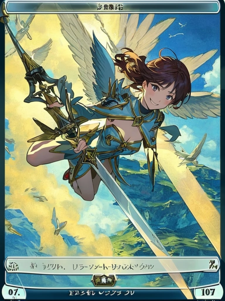 Extreme detail,(mtg_token_frame):3,(white_frame):10,token,card_frame,trading_card,mtg
BREAK
one angel female,smile, compassion,flying sky,day,halo,flying,Valkyrie, sword,

breakdomain,anime