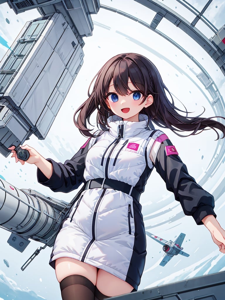 masterpiece, highest quality, High resolution, 2 girls,( Medium shot):2,(floating girl):4, (Big jump):5, flight, fun, smile, shout, (fall):8,  dynamic angle,BREAK white downvest,Wind,Wind,Wind,BREAK,black belt,black stocking,black tights,black long sleeve BREAK inside futuristic space station,Scifi space ship control room BREAK Astrovest,tnf_jacket,bing_astronaut