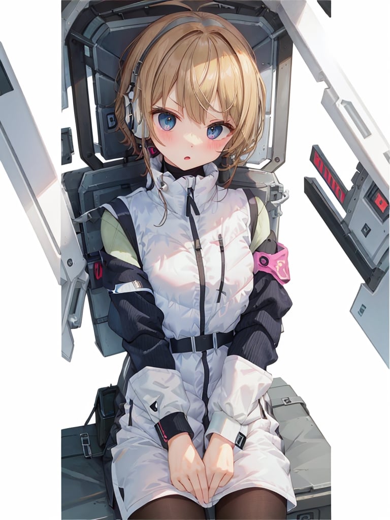 (masterpiece:1.2, best quality), (highly detailed:1.3),One girl,headphone,white downvest,(puffer vest):1.4,(long down vest),,Astrovest,BREAK,inside cyberpunk white futuristic space station,BREAK,black long sleeve
black tights,black belt,iwatch,BREAK,beautiful  eyes,tareme-eyes,breakdomain,V-shaped eyebrows,bing_astronaut,blonde long hair BREAK blush:1.3