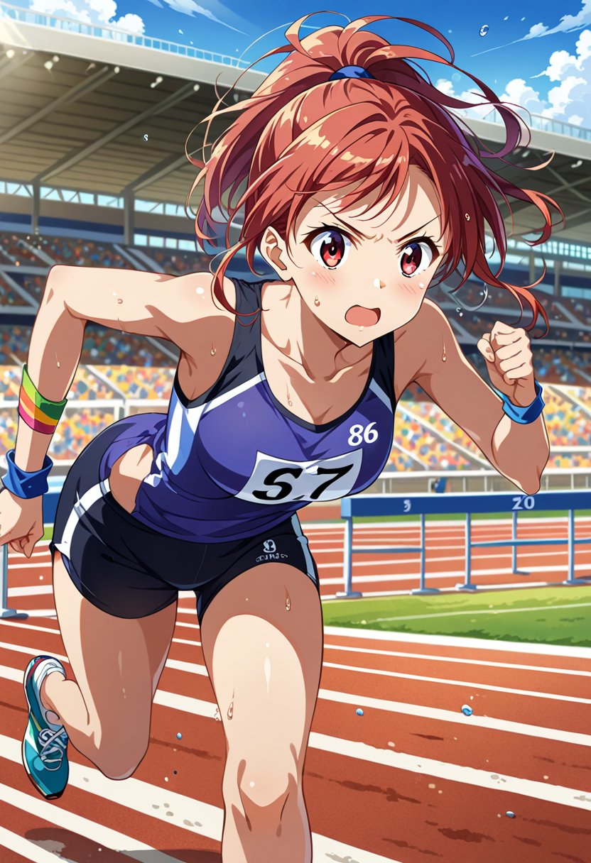 score_9, score_8_up, score_7_up, score_6_up, source_anime,
running track, stadium, starting blocks, finish line, stopwatch, 
sunny day, clear sky, spectators in background,
1girl, teenager, athletic build, determined expression, focused gaze,
blode log hair, ponytail, wind:3,sweat droplets,
running pose, leaning forward, arms pumping, legs mid-stride,
track spikes, form-fitting running singlet, running shorts, 
race number pinned to singlet, 
BREAK,
colorful wristbands, BREAK
masterpiece, best quality, absurdres