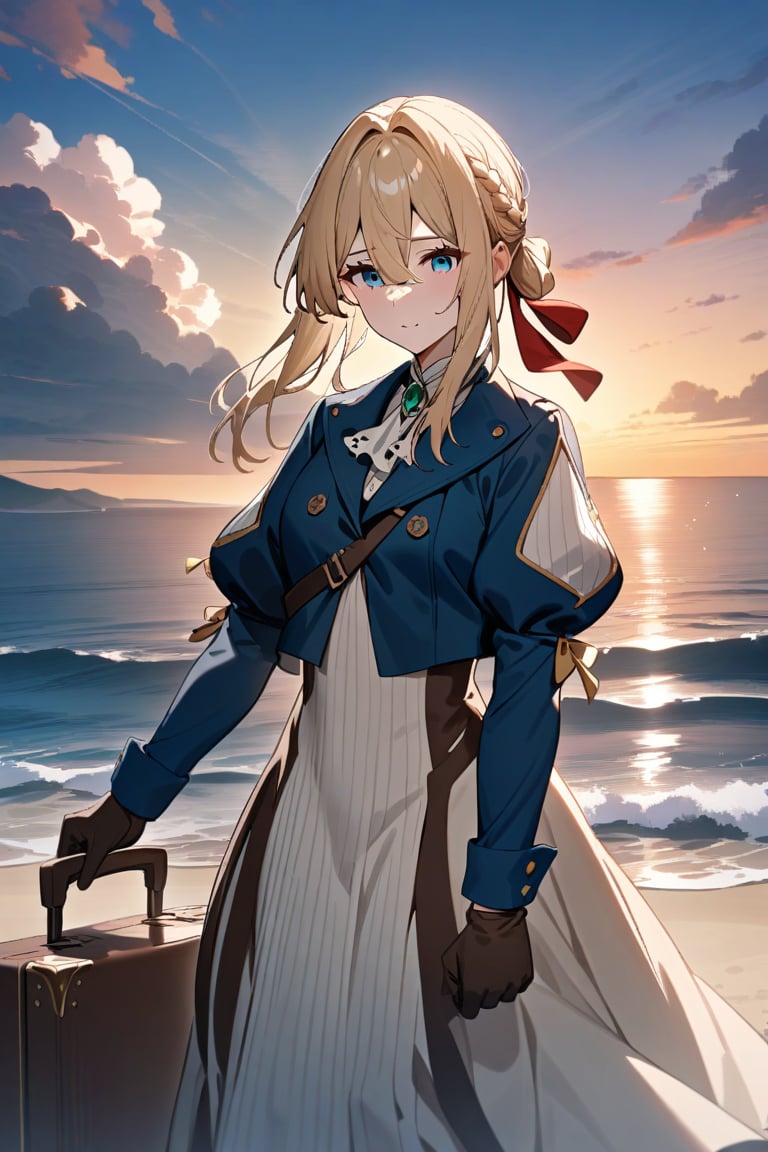 masterpiece, best quality, very aesthetic, absurdres,newest,1girl, violet evergarden, violet evergarden \(series\),long hair, blue eyes, multiple girls, blonde hair, brown hair, gloves, long sleeves, dress, ribbon, holding, hair between eyes, jacket, hair ribbon, braid, outdoors, sky, day, cloud, bag, red ribbon,sunset:2 ,orange sky, ocean, umbrella, beach, blue jacket, brown gloves, parasol, suitcase, briefcase, violet evergarden