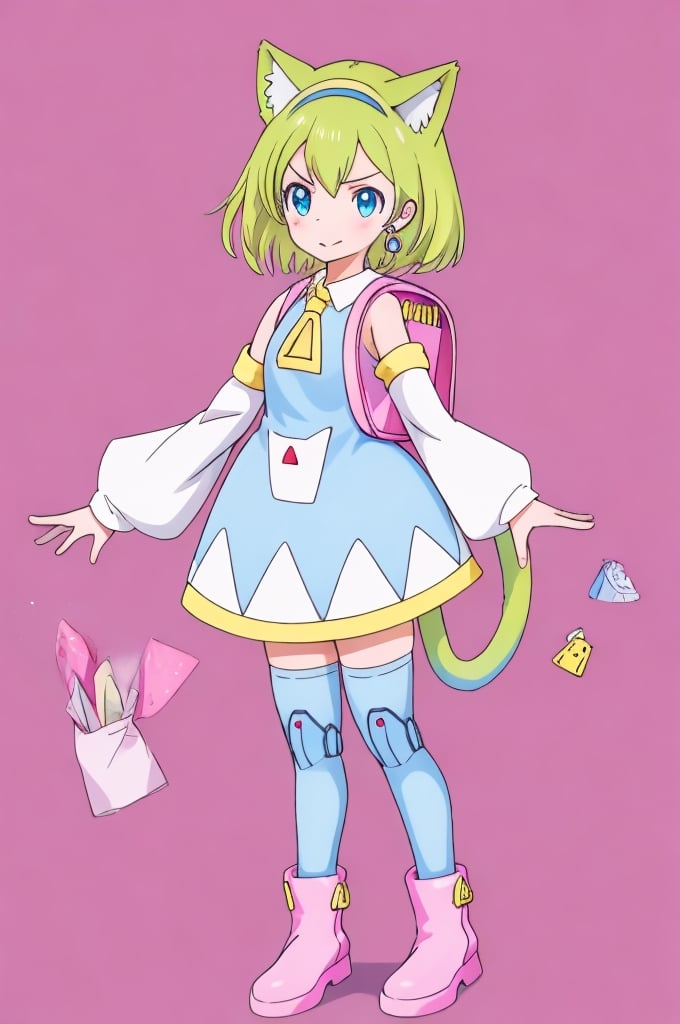 ,1girl,deltamon_beta, solo, blue eyes, simple background, thighhighs, long sleeves, white background, dress, animal ears, bare shoulders, blue tail, earrings,pink boots, detached sleeves, green hair, sleeveless, cat ears, bag, white dress, white thighhighs, cat tail,pink backpack,yellow delta tie,pink randseru,deltamon