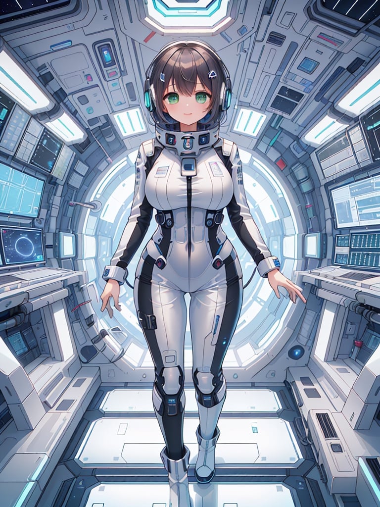 shorts: 1.4, 1 girl in ((20yr old, slightly a tight, futuristic metallic white bodysuit, long boots, huge-breasted, colorful black long hair, chignon, short hair, perfect model body, green eyes: 1.4, Flirting Headphones, Flirting, Happy, Looking Out the Window of the Futuristic Sci-Fi Space Station, While Admiring the Beautiful Galaxy: 1.2, SFSF Control Room on Night Background: 1.1, Neon and Comfortable Atmosphere: 1.2)) ((Galaxy)) ((Solo: 1.6))
