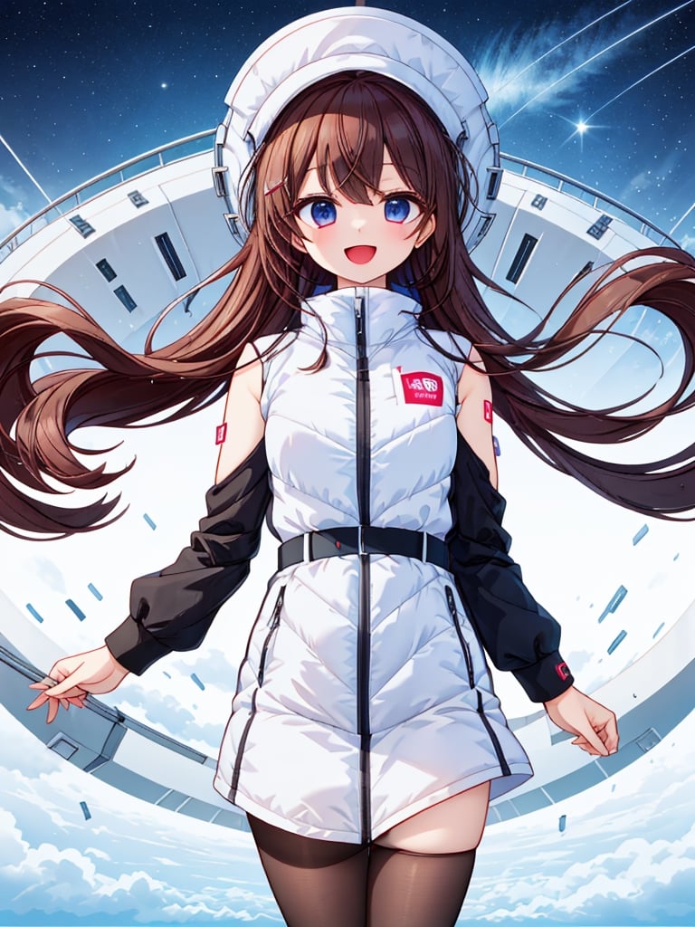 masterpiece, highest quality, High resolution, 2 girls,( Medium shot):2,(floating girl):4, (Big jump):5, flight, fun, smile, shout, (fall):8,  dynamic angle,BREAK white downvest,Wind,Wind,Wind,BREAK,black belt,black stocking,black tights,black long sleeve BREAK inside futuristic space station,Scifi space ship control room BREAK Astrovest,tnf_jacket,bing_astronaut