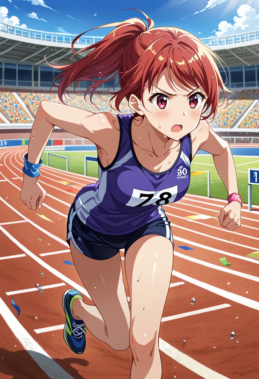 score_9, score_8_up, score_7_up, score_6_up, source_anime,
running track, stadium, starting blocks, finish line, stopwatch, 
sunny day, clear sky, spectators in background,
1girl, teenager, athletic build, determined expression, focused gaze,
blode log hair, ponytail, wind:3,sweat droplets,
running pose, leaning forward, arms pumping, legs mid-stride,
track spikes, form-fitting running singlet, running shorts, 
race number pinned to singlet, 
BREAK,
colorful wristbands, BREAK
masterpiece, best quality, absurdres