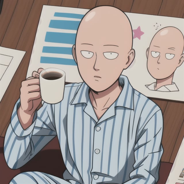 Saitama drinking coffee from a cup with a poorly made drawing of Saitama's face with the shape of an oval head. Saitama at home wearing white striped blue pajamas