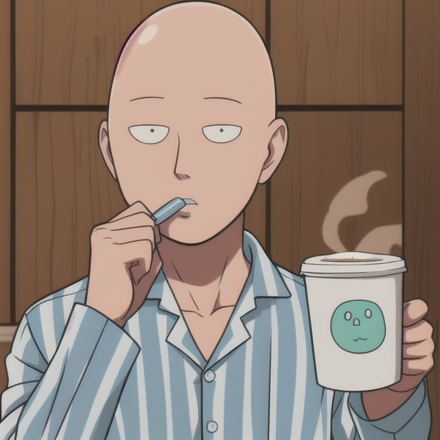 Saitama drinking coffee from a cup with a poorly made drawing of Saitama's face with the shape of an oval head. Saitama at home wearing white striped blue pajamas