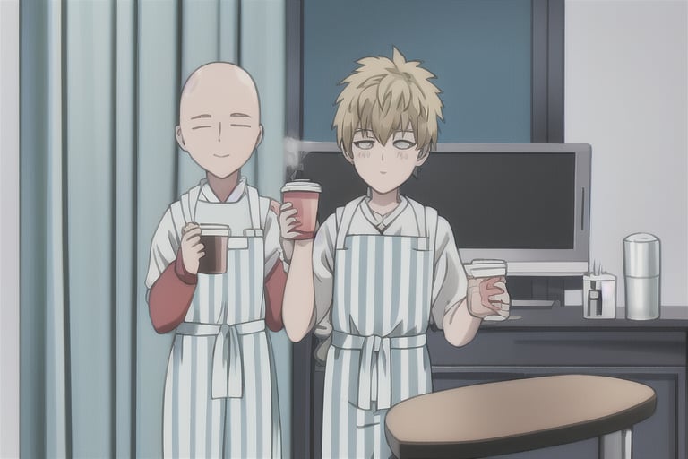 Saitama in cyan blue striped white pajamas standing by the window at home with a neutral sleepy face drinking a cup of coffee next to genos with a pink apron and a pot in his hand with a neutral and slightly smiling face. Shiny bald. Blue theme. Blurred backdrop. Modern apartment house. Strong lighting, strong colors, cute lines, red cheeks. happy theme. Genos is wearing his normal costume, but with the pink apron and black metallic robotic arm. Anime One Punch Man ,SAITAMA,ANIME,1990s \(style\),ONE PUNCH,GENOS