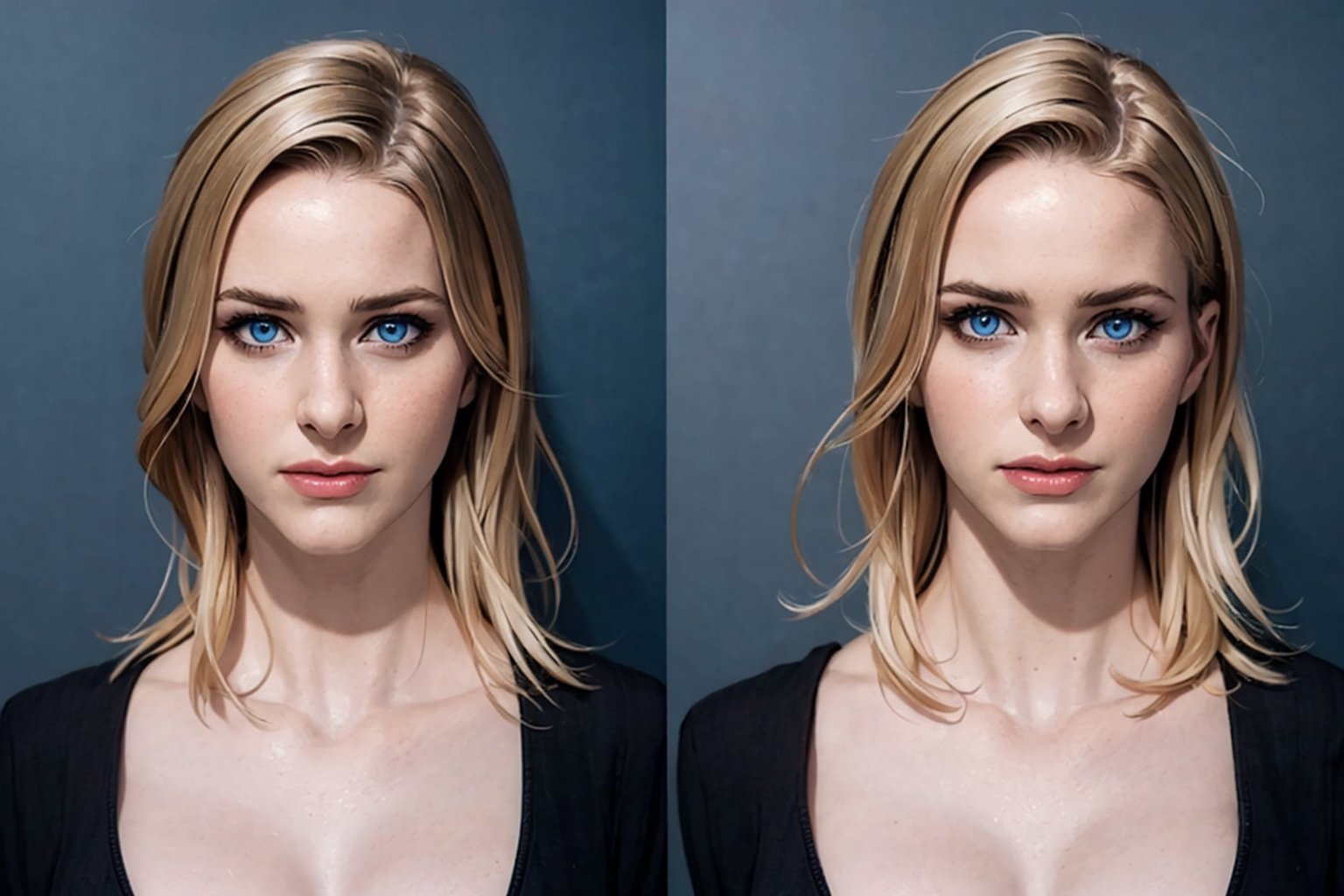 (photorealistic:1.5), realistic skin, black dress, perfect face, detailed pupil, blue eyes, half body, small chest, solo, standing