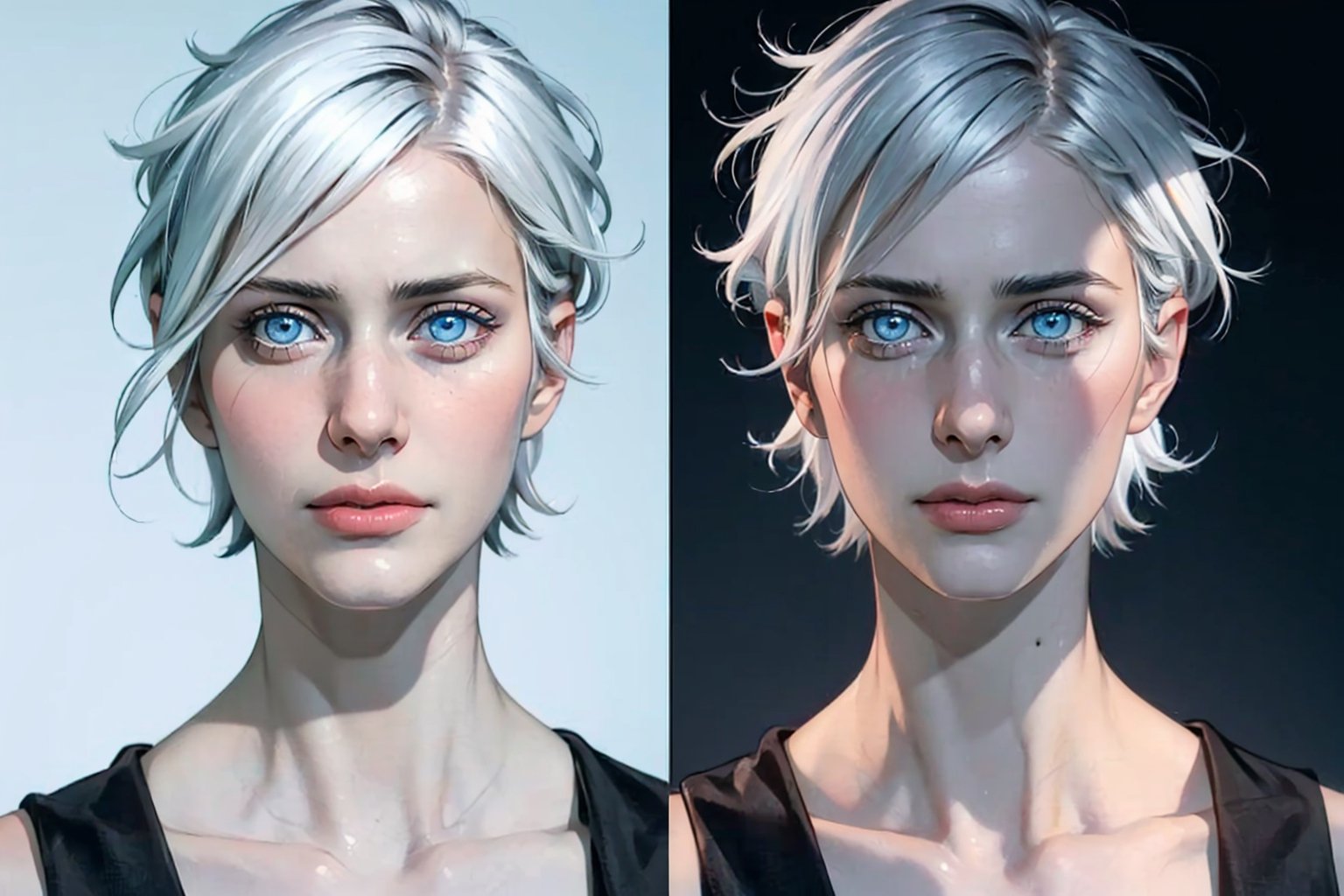 (photorealistic:1.5), closed mouth, realistic skin, black dress, short hair, perfect face, detailed pupil, blue eye:1.5, bright eye:1.5, half body, white haired, solo, standing,Detailedface,satoru gojo,white hair,blue eyes,short hair