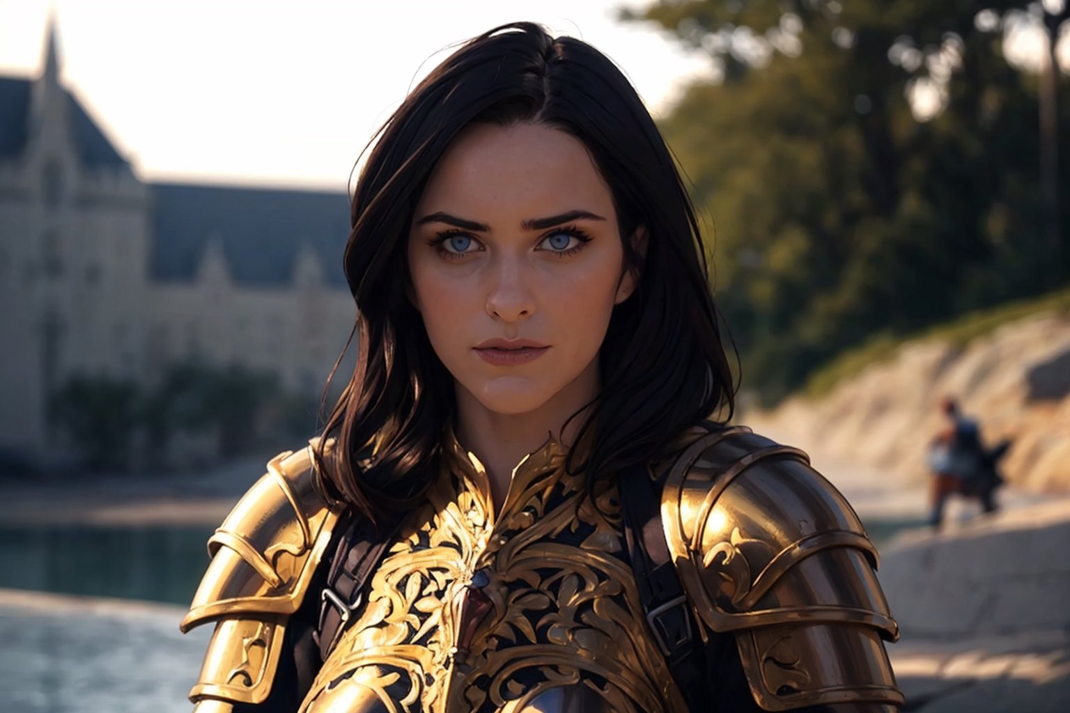 Portrait of a girl, the most beautiful in the world, (medieval gold armor), metal reflections, upper body, outdoors, intense sunlight, far away castle, professional photograph of a stunning woman detailed, perfect bobbed sexy intense black hair, sharp focus, dramatic, award winning, cinematic lighting, volumetrics dtx, (film grain, blurry background, blurry foreground, bokeh, depth of field, sunset,interaction, Perfect chainmail), (masterpiece), (extremely intricate:1.3), (ultra realistic),