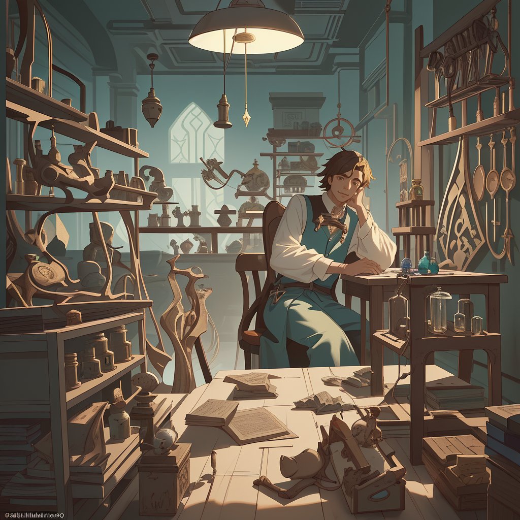 Há um homem sentado à mesa numa sala com muitas garrafas, ele está em um laboratório de alquimistas, Laboratório de Alquimistas de Fantasia, Laboratório Wizards, assistente senta-se lendo em uma mesa, Laboratório de Alquimistas, Ambiente de laboratório mágico, laboratório de alquimia, interior do vendedor de poção de fantasia, Fundo da Biblioteca Alquimista, Boticário, ilustração de fantasia realista, boticário de um bruxo, arte do jogo de RPG