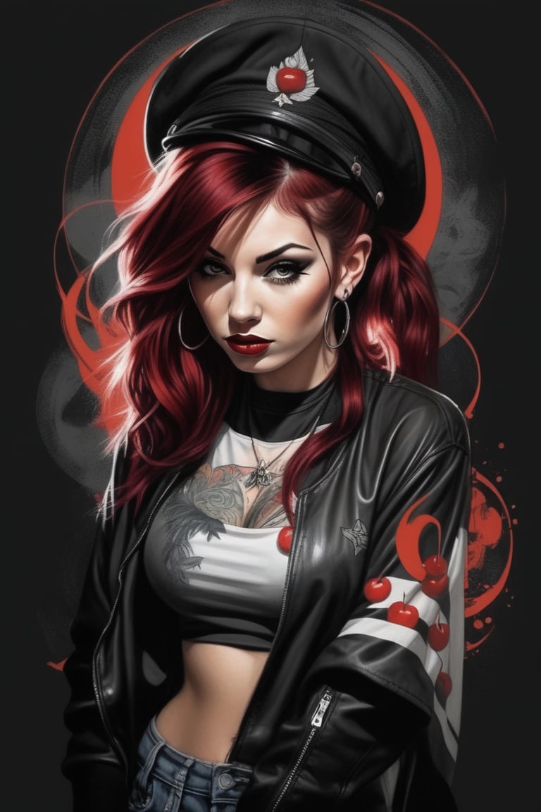 Tattoo sketch, by enki bilal, double exposure. high quality, high detail, (16K Ultra HD), (masterpiece), (best quality), (ultra realistic detail).  (beautiful rockabilly girl), (cherry red hair with dark roots), dark smoky background