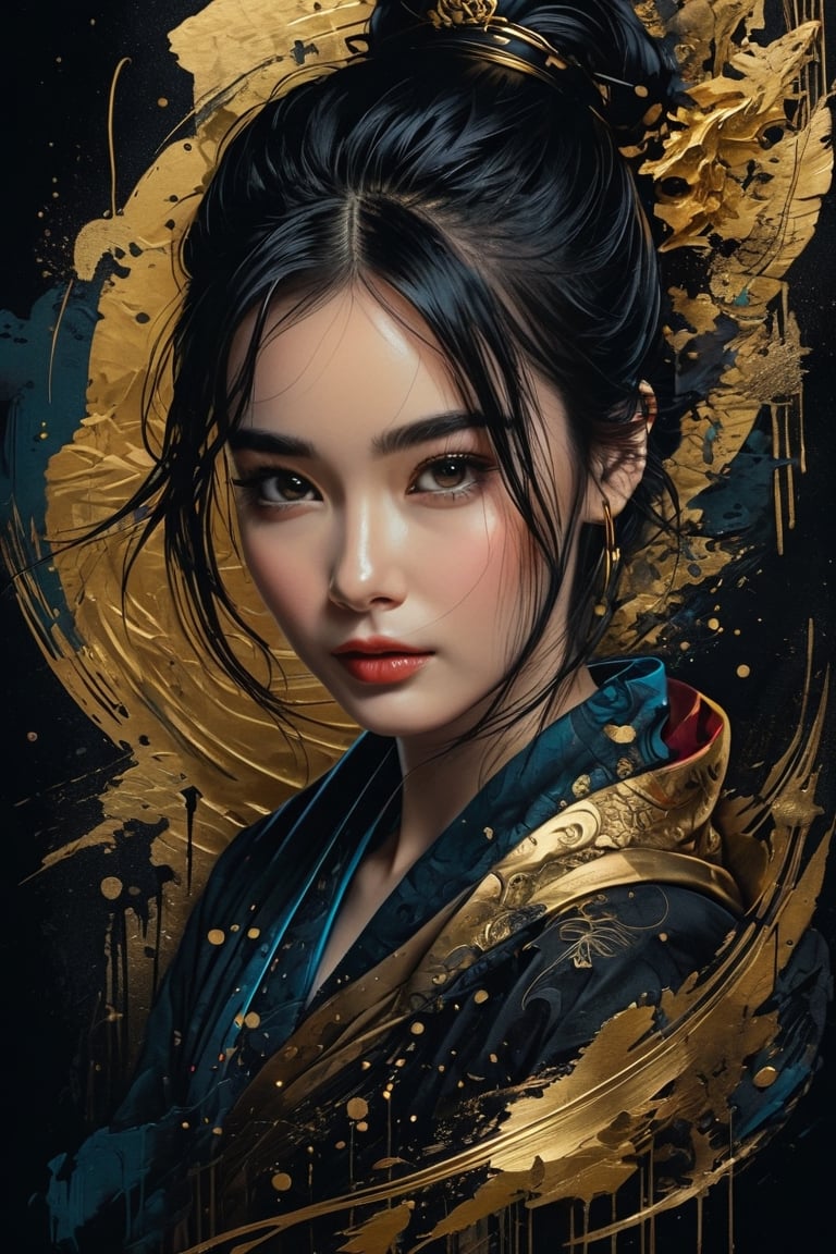 masterpiece, high quality photo, cool tone, (black simple background), colorful cute-girl carved on gold, (wide shot), unpleasant look, drtailed face,INK,ink