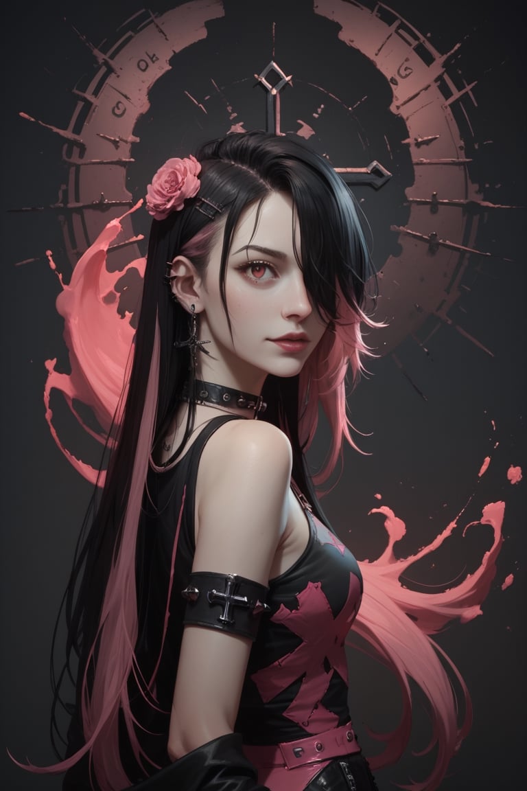 score_9, score_8_up, score_7_up, Goth girl, Goth girl 1girl 1girl,solo,long hair,looking at viewer,simple background,black hair, jewelry,pink hair,multicolored hair,choker,black eyes,grey background,necklace,(hair over one eye),two-tone hair,cross,portrait,,  , , , 