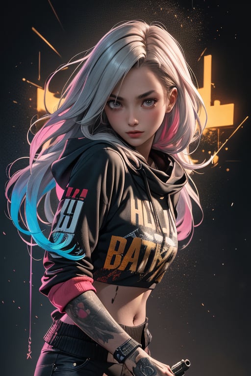 dark gothic cyberpunk woman, defiant face, pastel colors, in clothes, colorful hair, light yellow sweatshirt, pants, black, with pink, guns hd, high detail, huoshen, TheLastOfUs, mgln
