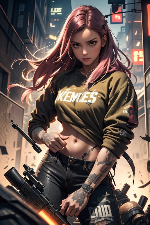 dark gothic cyberpunk woman, defiant face, pastel colors, in clothes, colorful hair, light yellow sweatshirt, pants, black, with pink, guns hd, high detail, huoshen, TheLastOfUs, mgln
