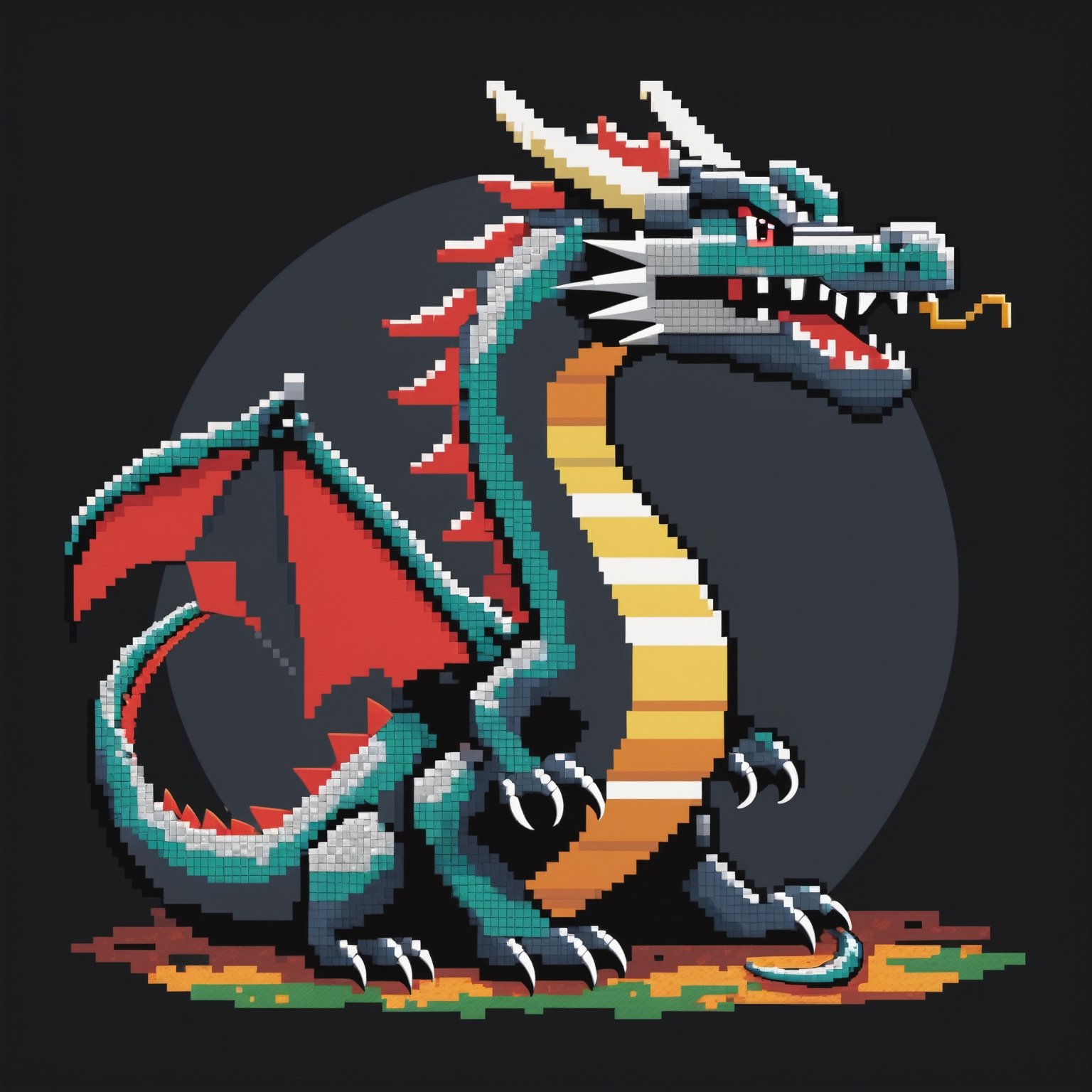 dark gray background, 8-bit nintendo game, pixel dragon with snake body, 