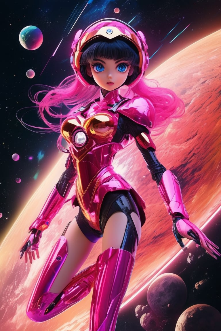 (wide_angle _view, full_body_shot), (zero gravity, weightlessness, floating in space, floating_hair), Beautiful sailor moon saturn in a pink reflective robotic suit, cyborg style, Xenia Tchoumitcheva/Franziska Knuppe hybrid, (in space, stars, space battle, starships, light rails, light particles), 8k resolution concept art portrait by Greg Rutkowski, Artgerm, WLOP, random neon holographic, prismatic, dynamic lighting hyperdetailed intricately detailed Splash art trending on Artstation Unreal Engine 5 volumetric lighting golden ratio dynamic lighting retrofuturism cyberpunk 8k resolution synthwave vaporwave solarpunk futuristic retrofuturism, 