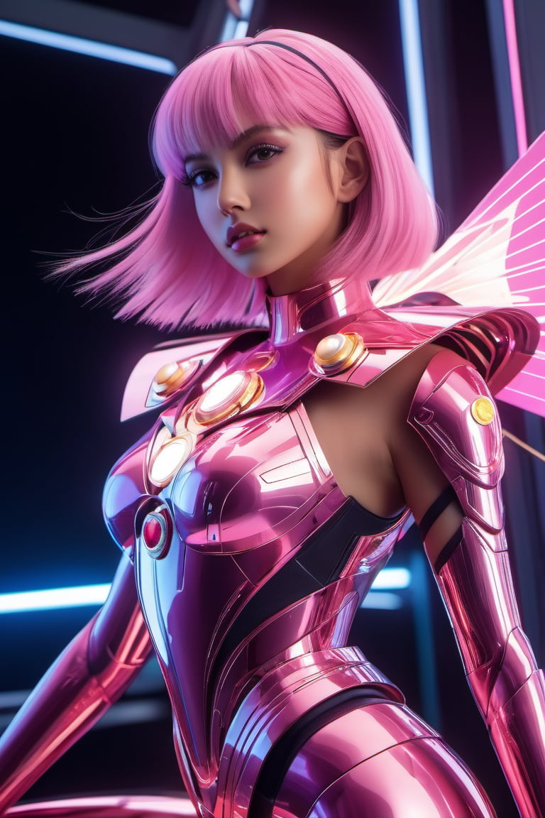 zero gravity, floating, Beautiful sailor moon saturn in a pink reflective robotic suit, cyborg style, (long shot, full_body_view), Xenia Tchoumitcheva/Franziska Knuppe hybrid, (in space, stars, space battle, starships, light rails, light particles), 8k resolution concept art portrait by Greg Rutkowski, Artgerm, WLOP, random neon holographic, prismatic, dynamic lighting hyperdetailed intricately detailed Splash art trending on Artstation Unreal Engine 5 volumetric lighting golden ratio dynamic lighting retrofuturism cyberpunk 8k resolution synthwave vaporwave solarpunk futuristic retrofuturism, 