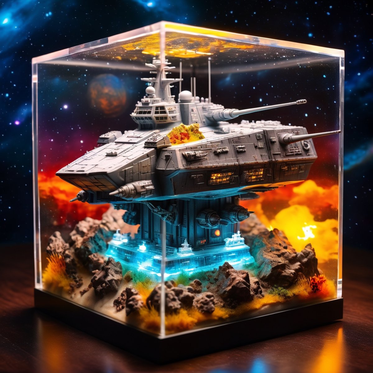 sci-fi cosmic diorama of a battle ship in a resin cube, volumetric lighting, high resolution, hdr, sharpen, photorealism