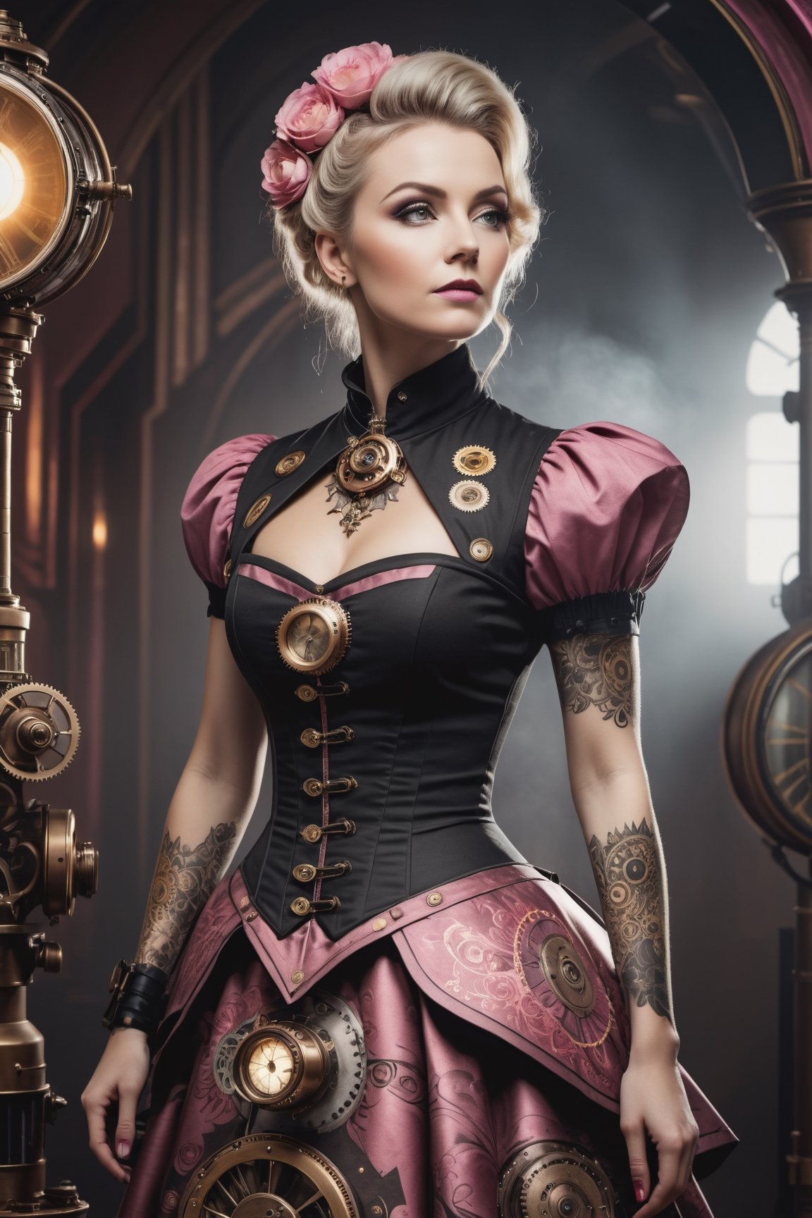 at full height a white woman in an pink steampunk dress poses against the dark, in the style of painted khokhloma, high contrast black and white, dark red and dark gold, paleocore, flickr, tattoo, Movie, Diagonal Angle Asymmetrical hyperrealistic, 8k, photography, detailed skin, global illumination, highly detailed, high detail raw color, diffused soft lighting,steampunk style