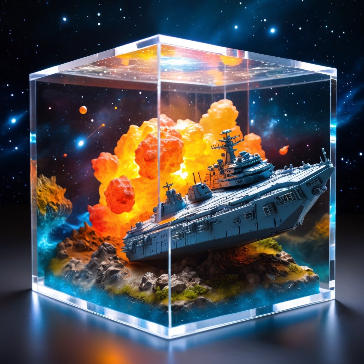 sci-fi cosmic diorama of a battle ship in a resin cube, volumetric lighting, high resolution, hdr, sharpen, photorealism