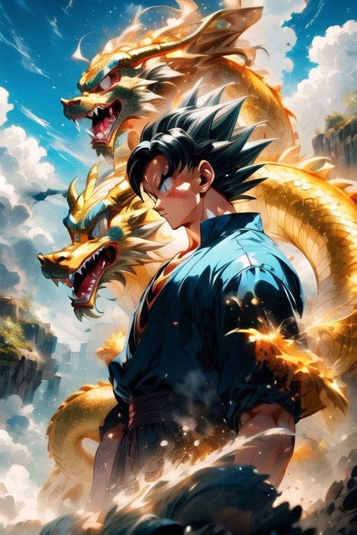 dragon ball art, in the style of solarization effect, dark red and gray, uhd image, charming anime characters, dark silver and sky-blue, heavy shading, handsome , Golden oriental dragon