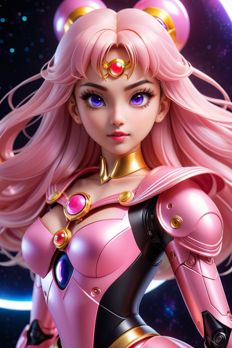 (wide_angle _view, full_body_shot), (zero gravity, weightlessness, floating in space, floating_hair), Beautiful sailor moon saturn in a pink reflective robotic suit, cyborg style, Xenia Tchoumitcheva/Franziska Knuppe hybrid, (in space, stars, space battle, starships, light rails, light particles), 8k resolution concept art portrait by Greg Rutkowski, Artgerm, WLOP, random neon holographic, prismatic, dynamic lighting hyperdetailed intricately detailed Splash art trending on Artstation Unreal Engine 5 volumetric lighting golden ratio dynamic lighting retrofuturism cyberpunk 8k resolution synthwave vaporwave solarpunk futuristic retrofuturism, 